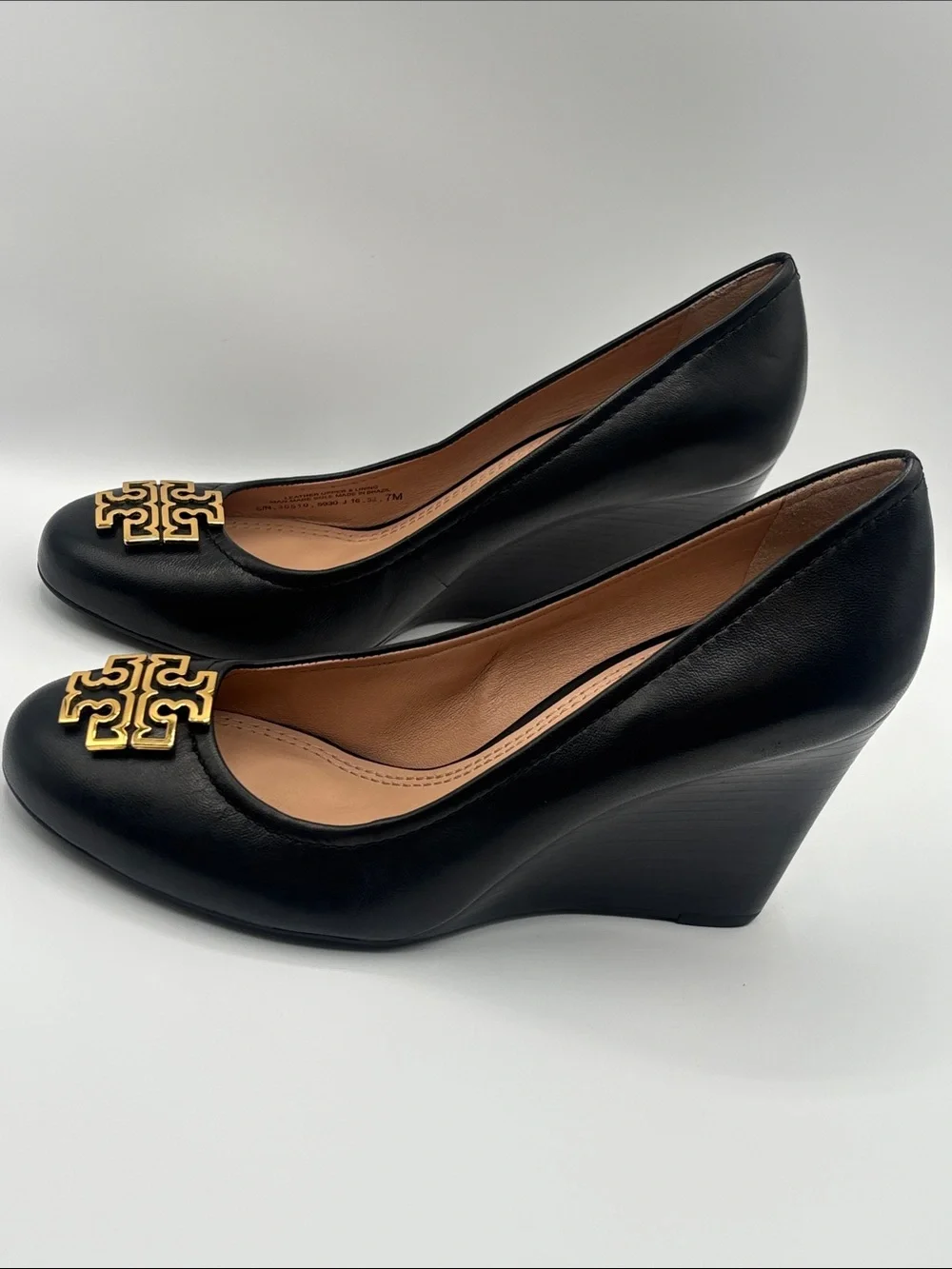 Tory Burch Black Leather Logo Wedges